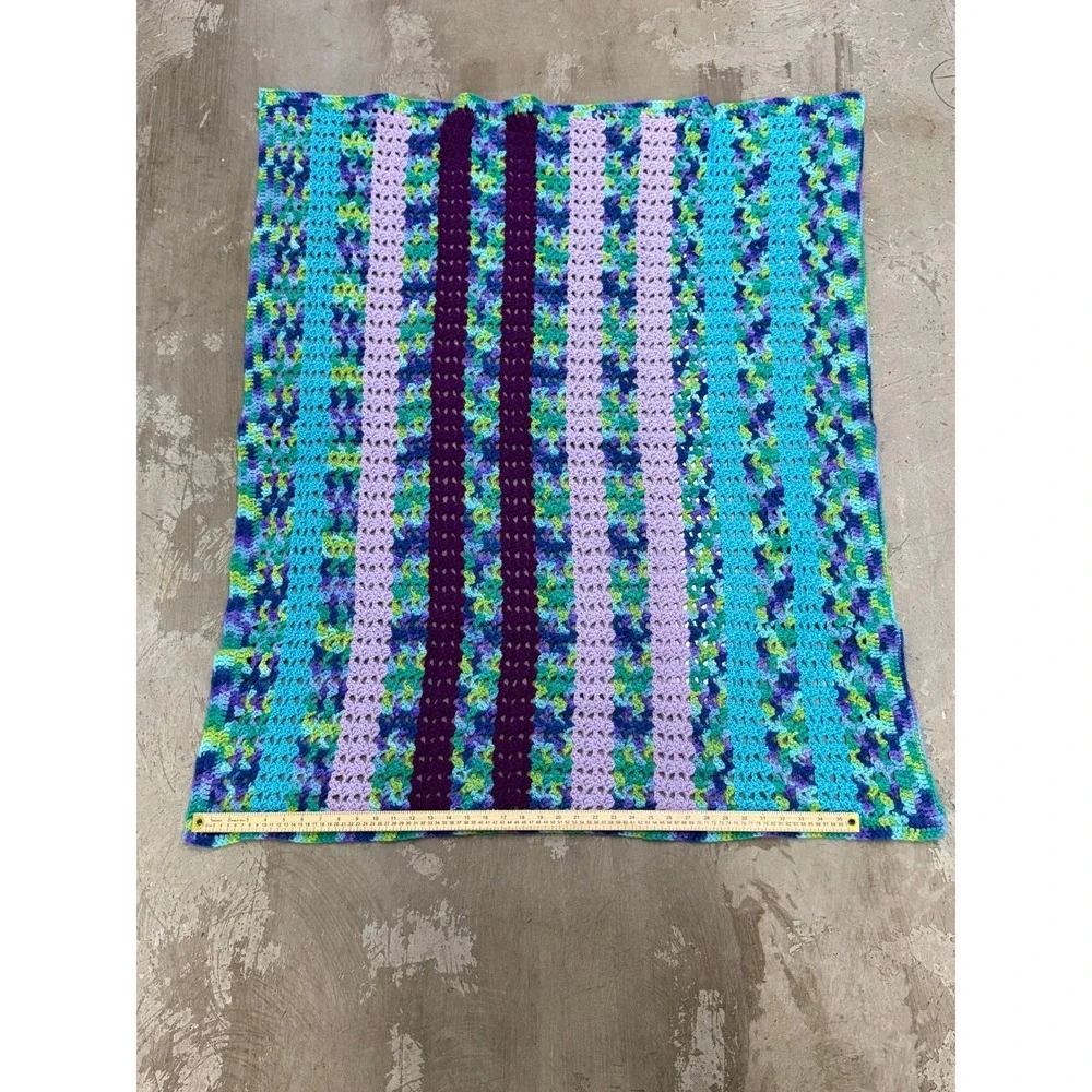 Handmade Crochet Blanket Unisex 36x40 Purple Teal Excellent Striped Afghan